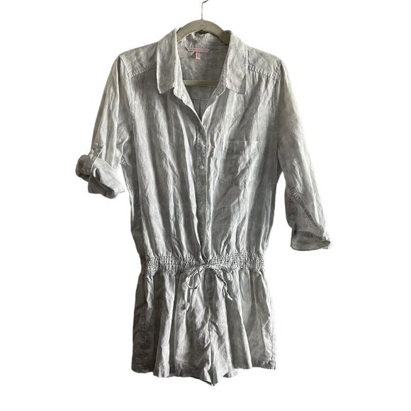 Victoria's Secret Women 12 White Pale Blue Linen Cotton Ikat Tie Dye Boho Romper - Picture 2 of 11